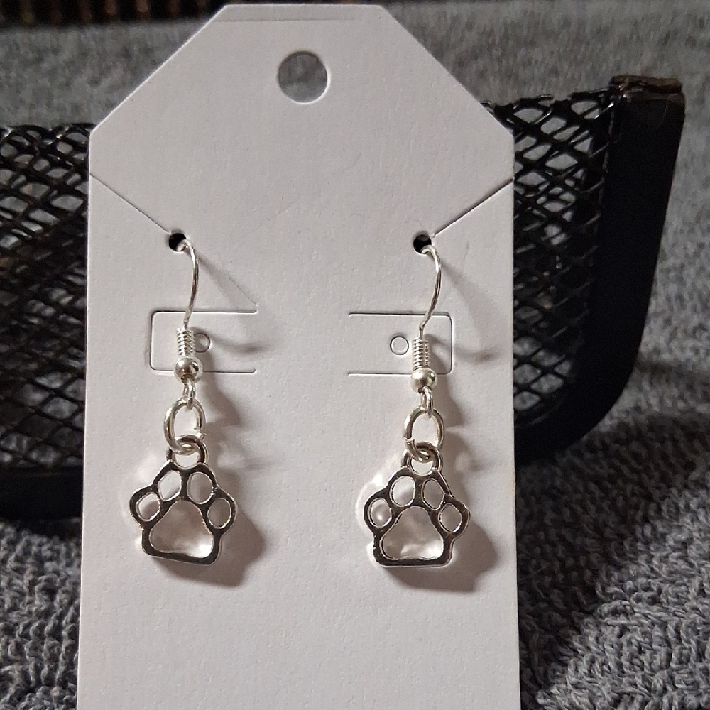 Silver Paw Print Dangle Earrings